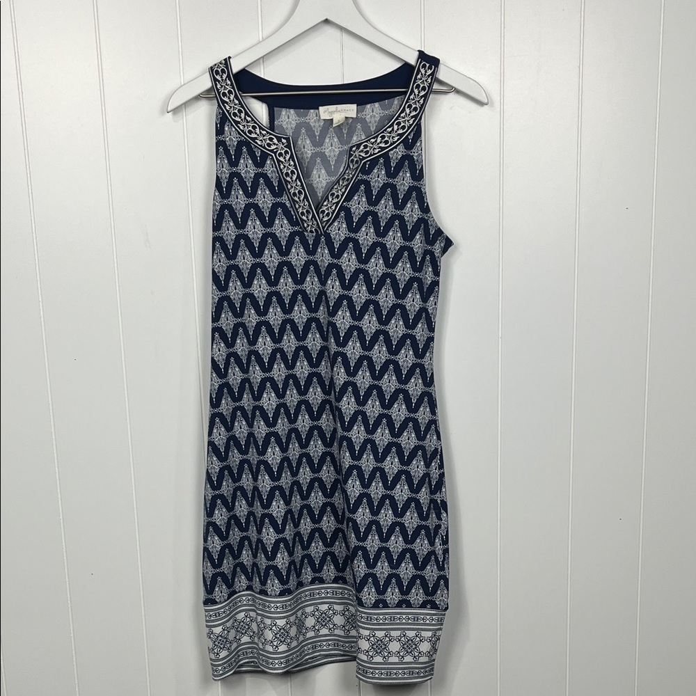 Magnolia Grace Womens Shift Dress S Navy White Embroidery Details Geo Print Soft